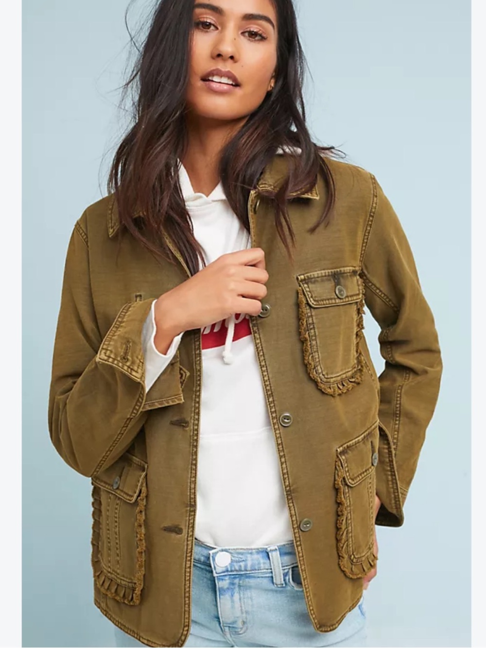 BOGO! Anthropologie Ruffle Utility Jacket Olive Green Size Small
